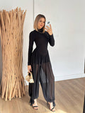 Combinaison Pantalon Col Roulé Noir avec Jambes Transparentes en Mousseline