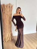Robe Longue Noire Épaules Dénudées avec Jupe Transparente en Mousseline
