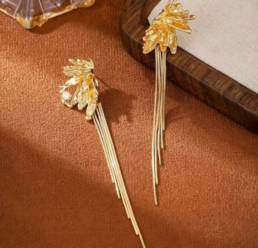 Boucles d'Oreilles Pendantes Feuilles - Plaqué Or 14K