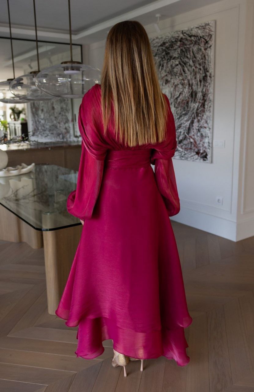 Visneli Robe Longue Plissée Satinée Manches Bouffantes À Lacets