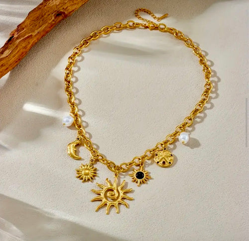 Collier Céleste Soleil Lune Perles - Acier Inoxydable 304 Doré