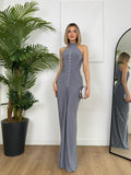Robe Longue Col Montant Boutons Bijoux