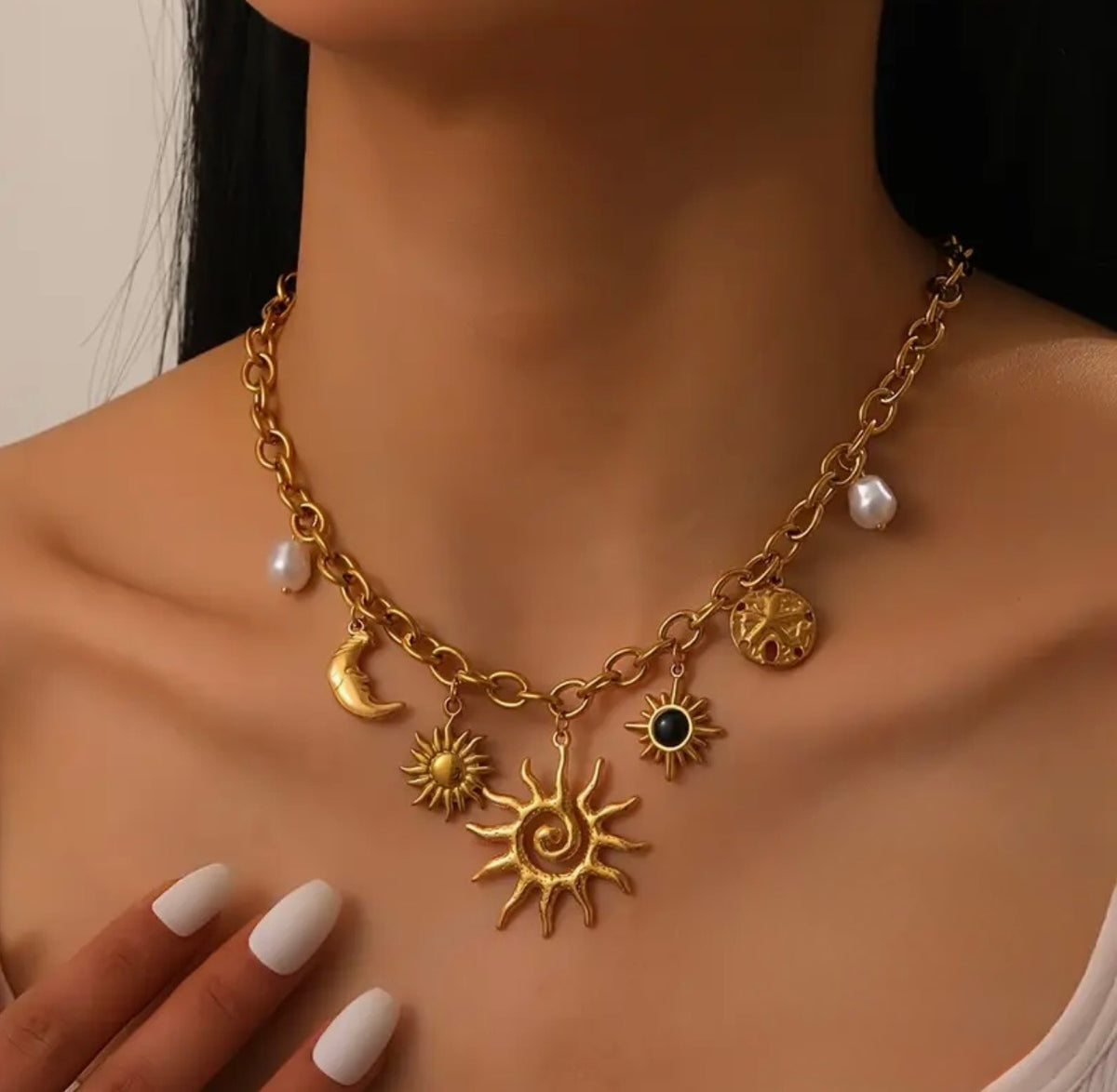 Collier Céleste Soleil Lune Perles - Acier Inoxydable 304 Doré