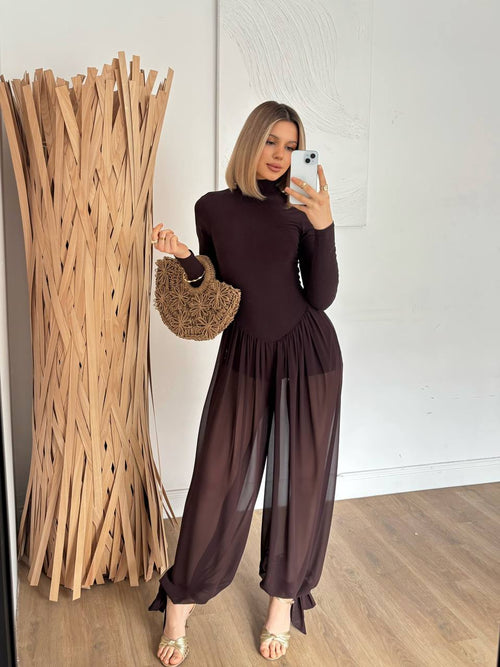 Combinaison Pantalon Col Roulé Noir avec Jambes Transparentes en Mousseline