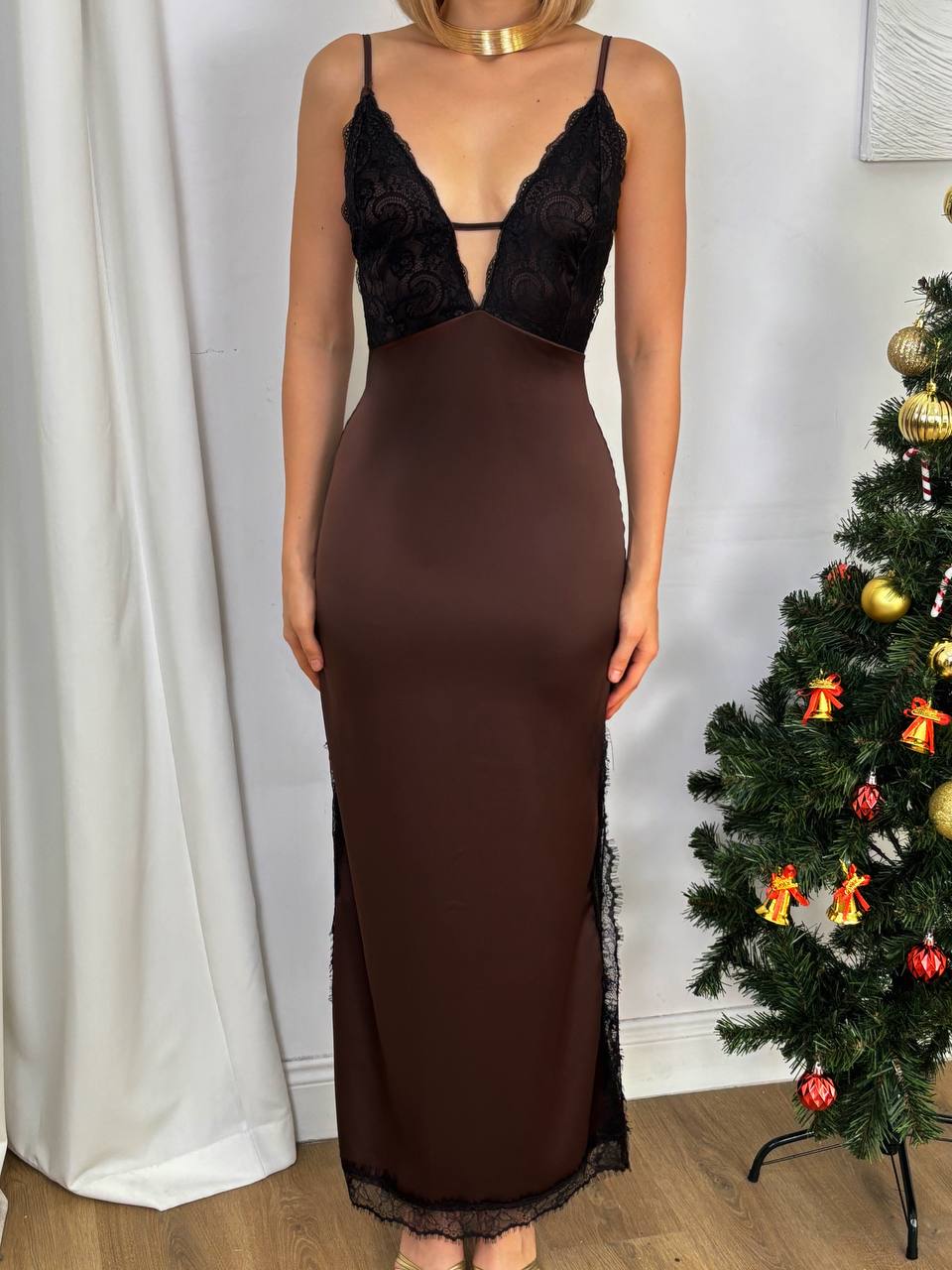 Long Lace Neckline Dress with Straps