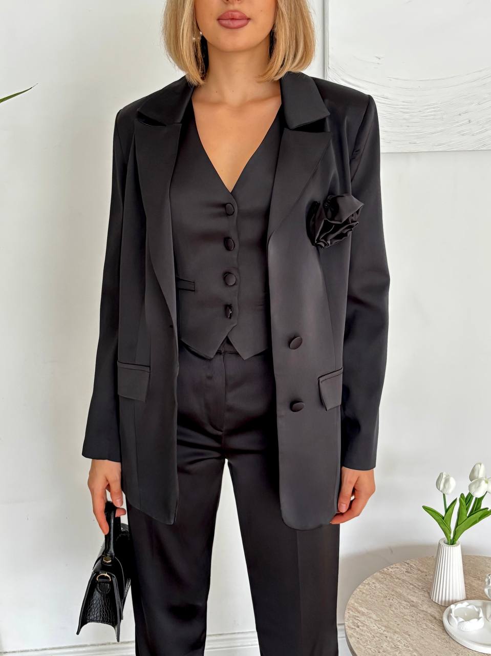 Ensemble Tailleur 3 Pièces Satin - Blazer Gilet Pantalon