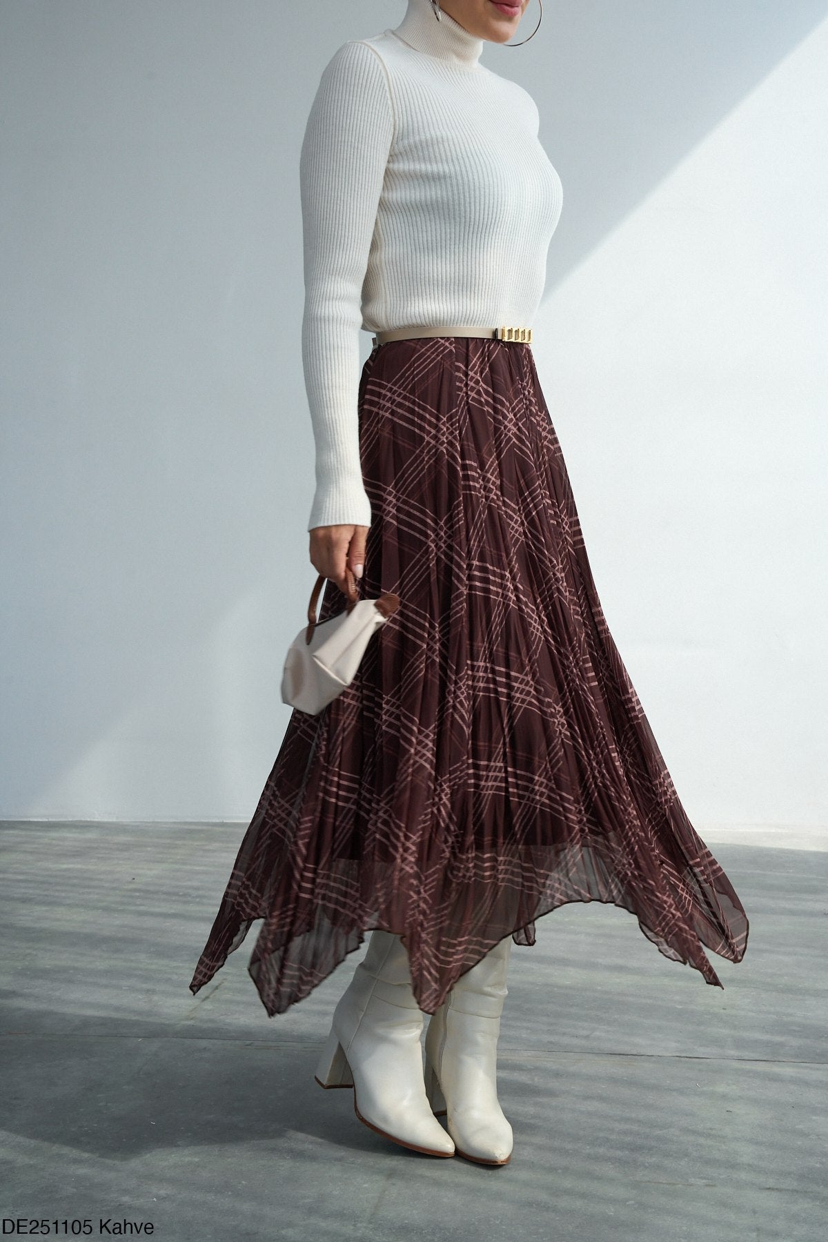 Jupe Midi Plissée à Carreaux Asymétrique