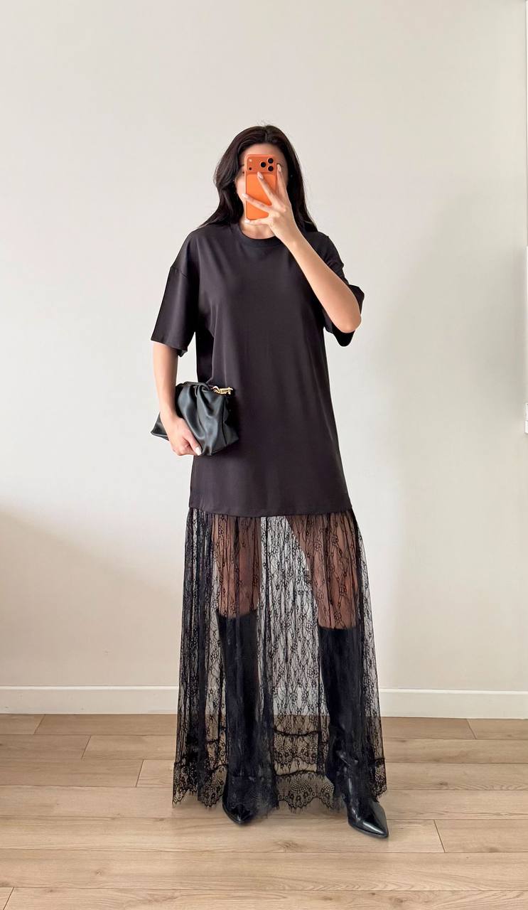Robe T-Shirt Longue Dentelle Transparente