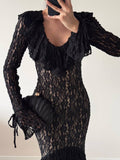Robe Dentelle Noire Sirène - Manches Longues Transparentes