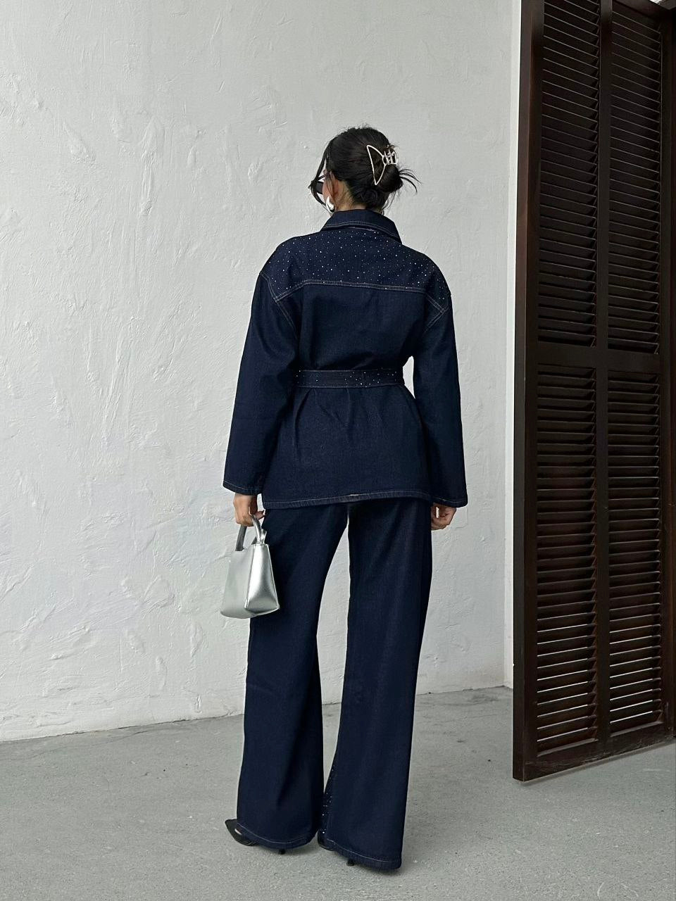 Lana Ensemble Jean Strass Bleu Marine - Veste Ceinturée et Pantalon Large