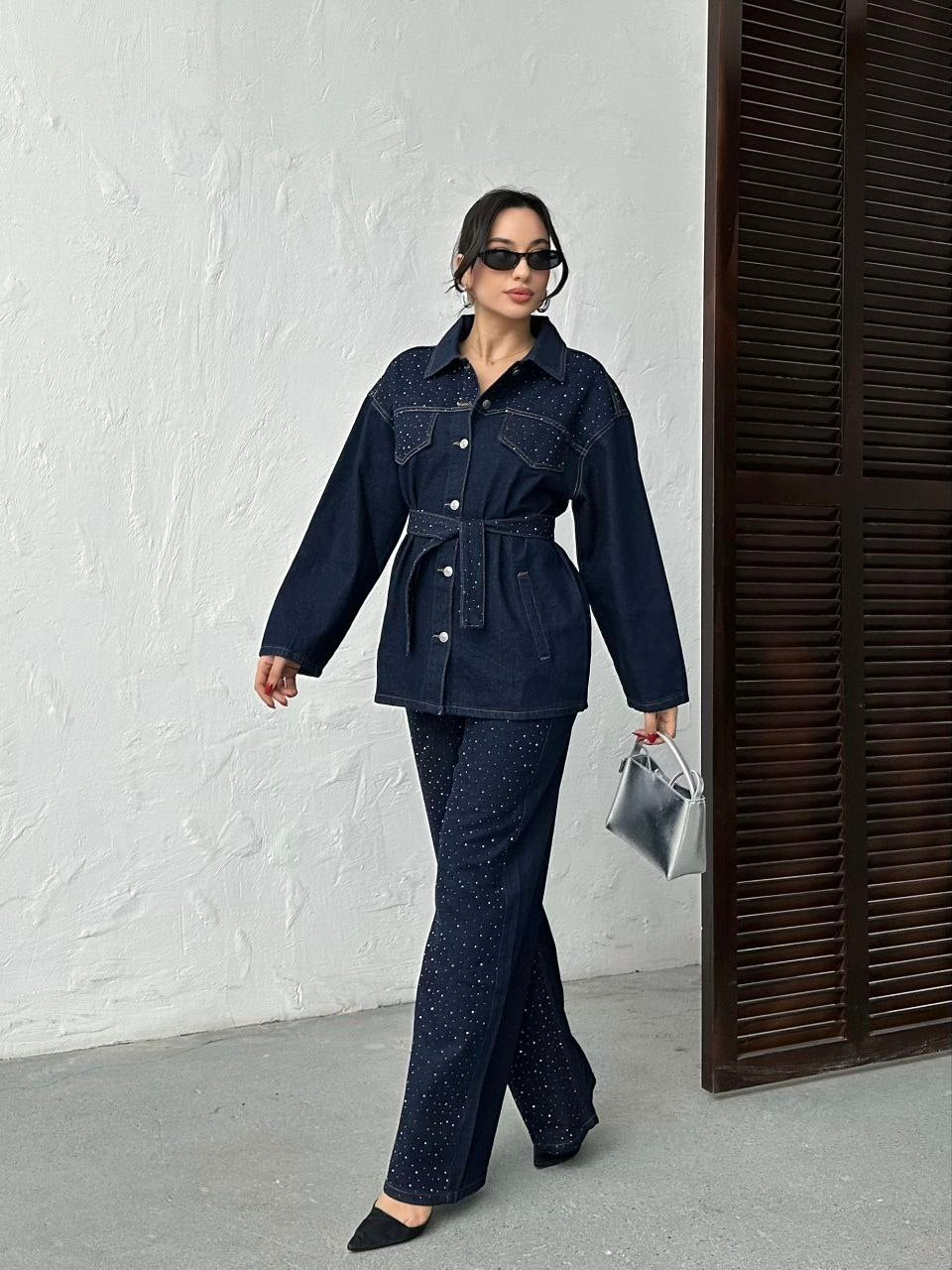 Lana Ensemble Jean Strass Bleu Marine - Veste Ceinturée et Pantalon Large