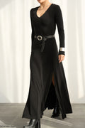 Qarue Robe Longue Femme Col V Manches Longues - Élégante et Fluide