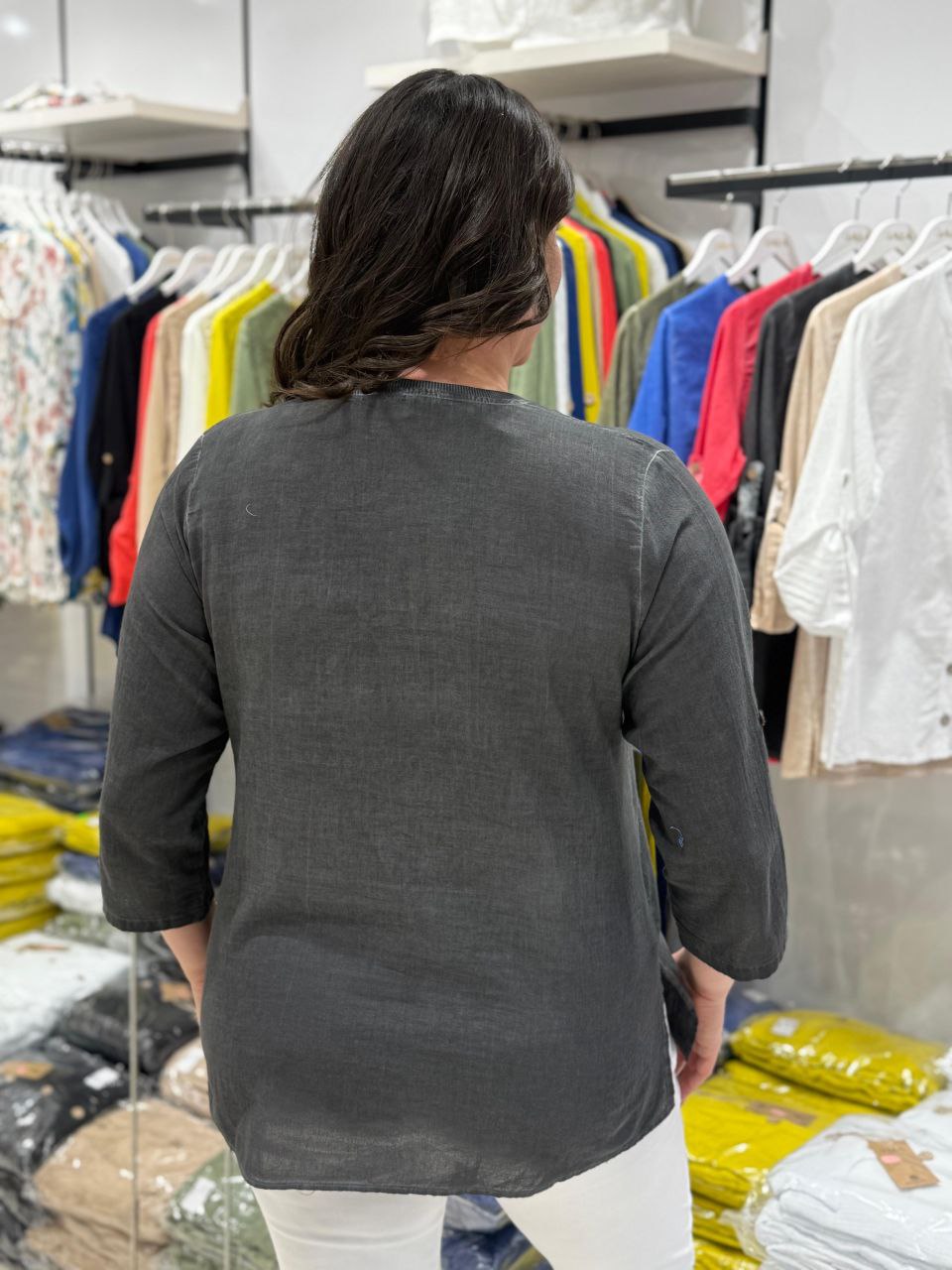 Chemise Coton Mousseline Manches 3/4 – Poche Brodée & Détails Paillettes