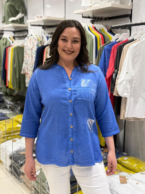Chemise Coton Mousseline Manches 3/4 – Poche Brodée & Détails Paillettes