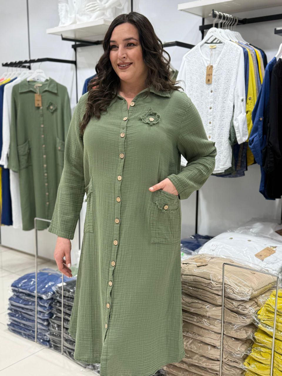 Robe Chemise 100% Coton Mousseline Poches Boutons Détails Dos