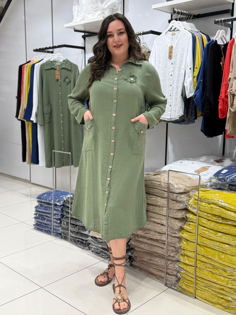 Robe Chemise 100% Coton Mousseline Poches Boutons Détails Dos
