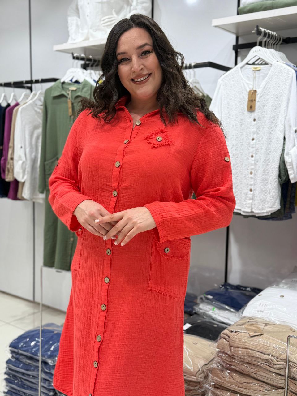Robe Chemise 100% Coton Mousseline Poches Boutons Détails Dos