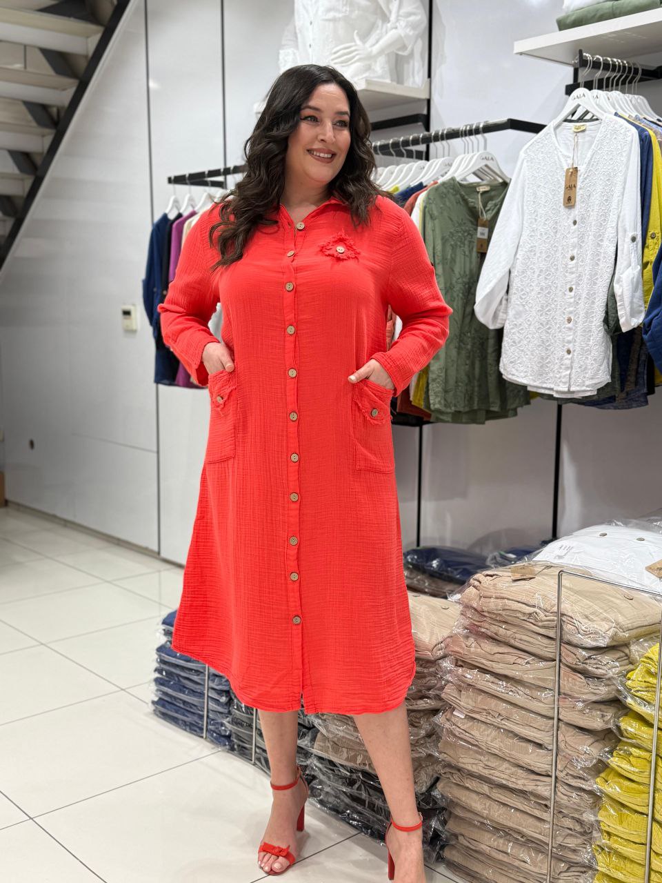 Robe Chemise 100% Coton Mousseline Poches Boutons Détails Dos
