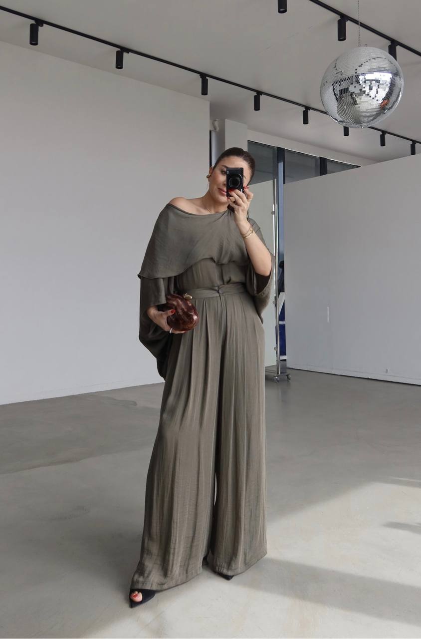 Msy Ensemble Cape Oversize Fluide & Pantalon Palazzo Taille Haute Kaki