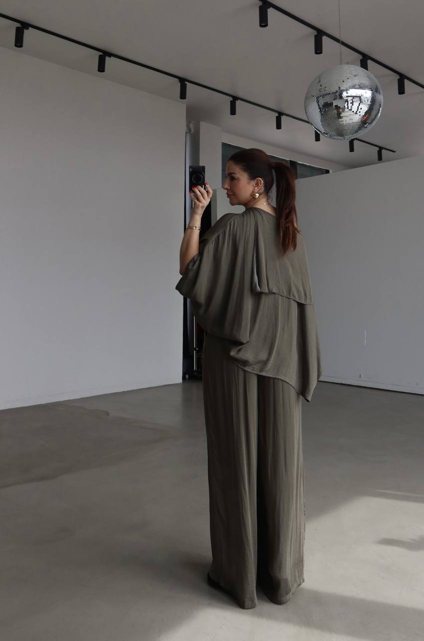 Msy Ensemble Cape Oversize Fluide & Pantalon Palazzo Taille Haute Kaki