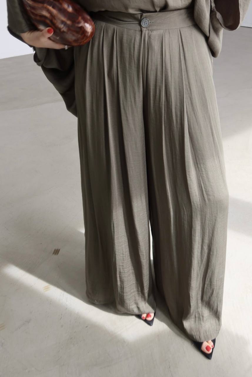 Msy Ensemble Cape Oversize Fluide & Pantalon Palazzo Taille Haute Kaki