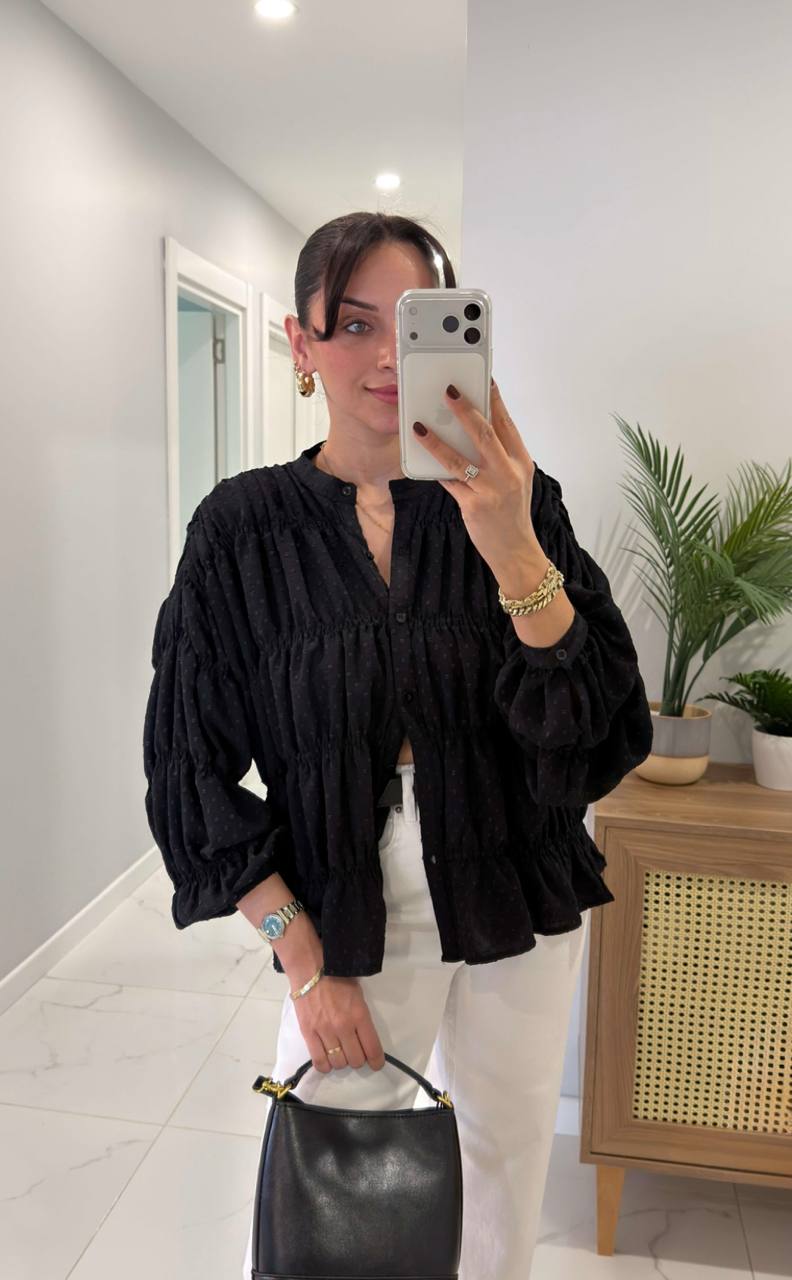 Msy Blouse Pois Manches Bouffantes Col V Boutons Romantique