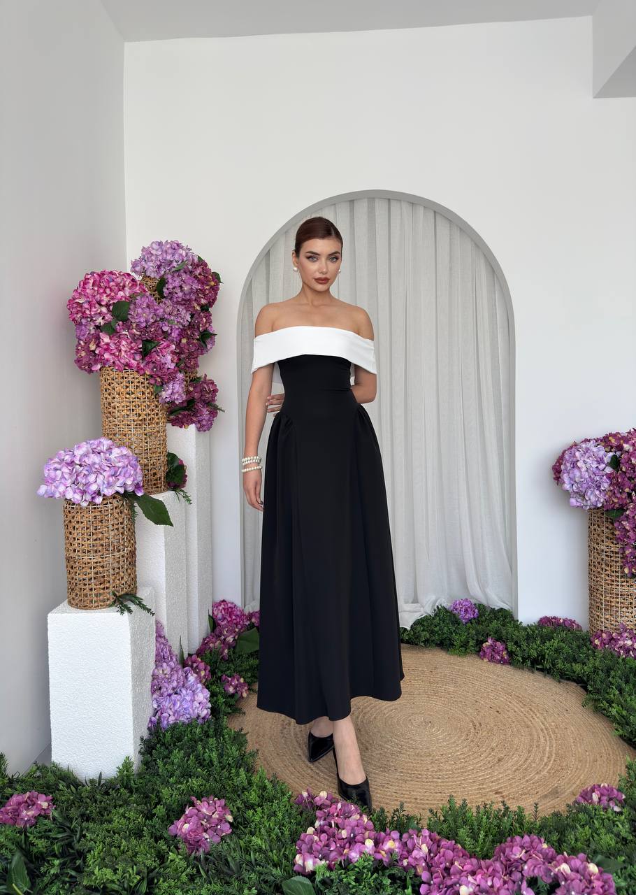 Robe Bicolore Épaules Dénudées – Noir & Blanc