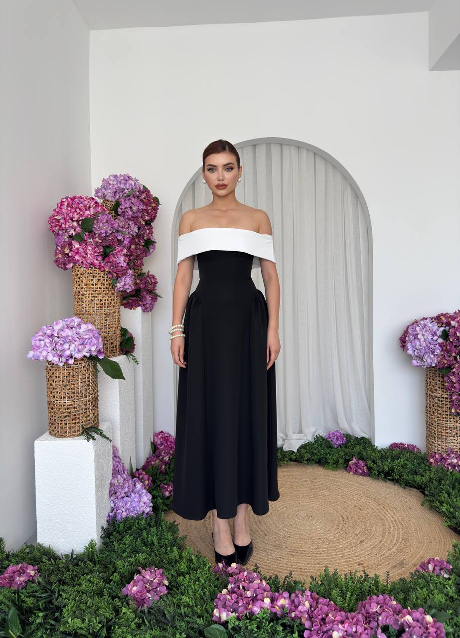 Robe Bicolore Épaules Dénudées – Noir & Blanc