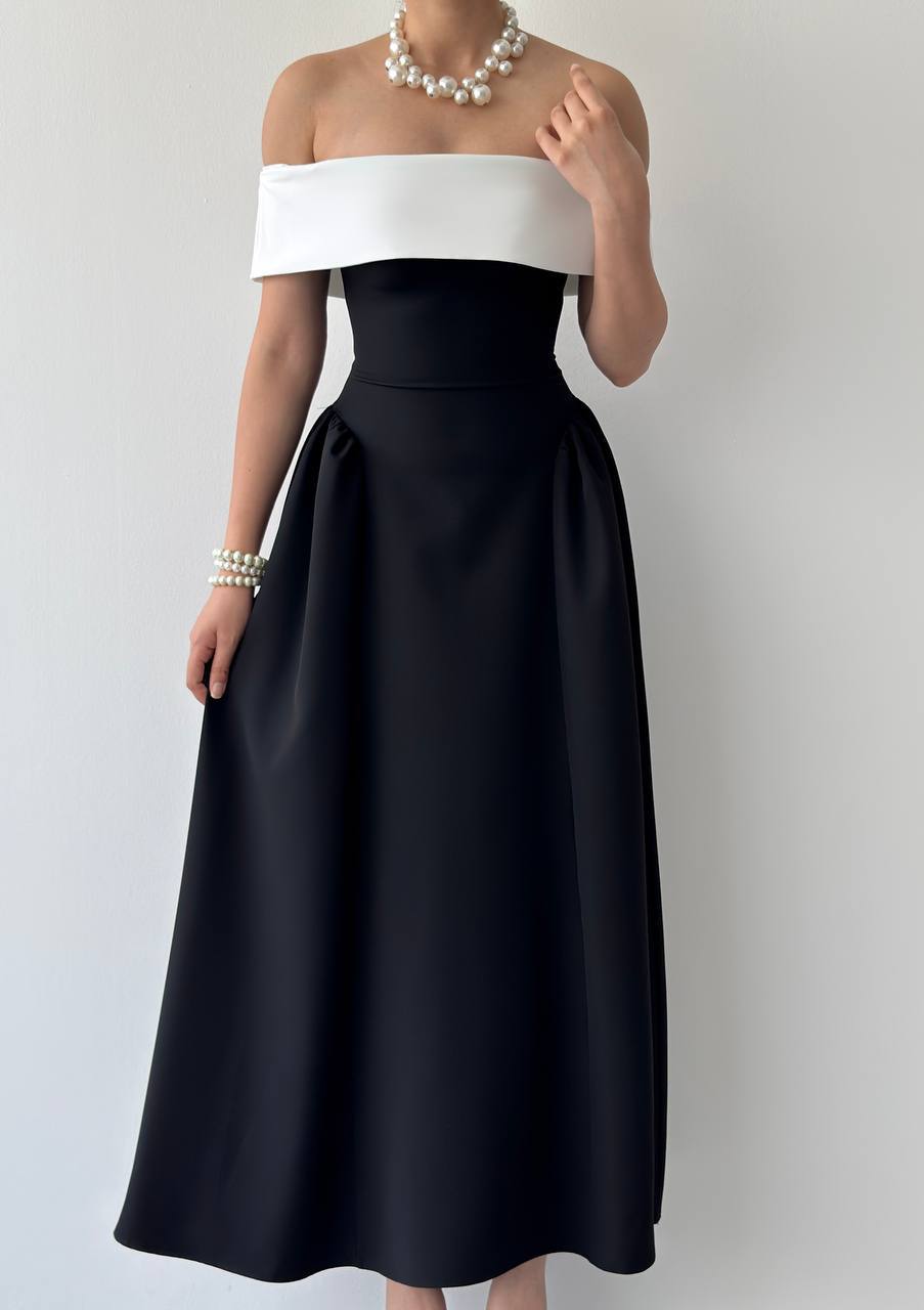 Robe Bicolore Épaules Dénudées – Noir & Blanc