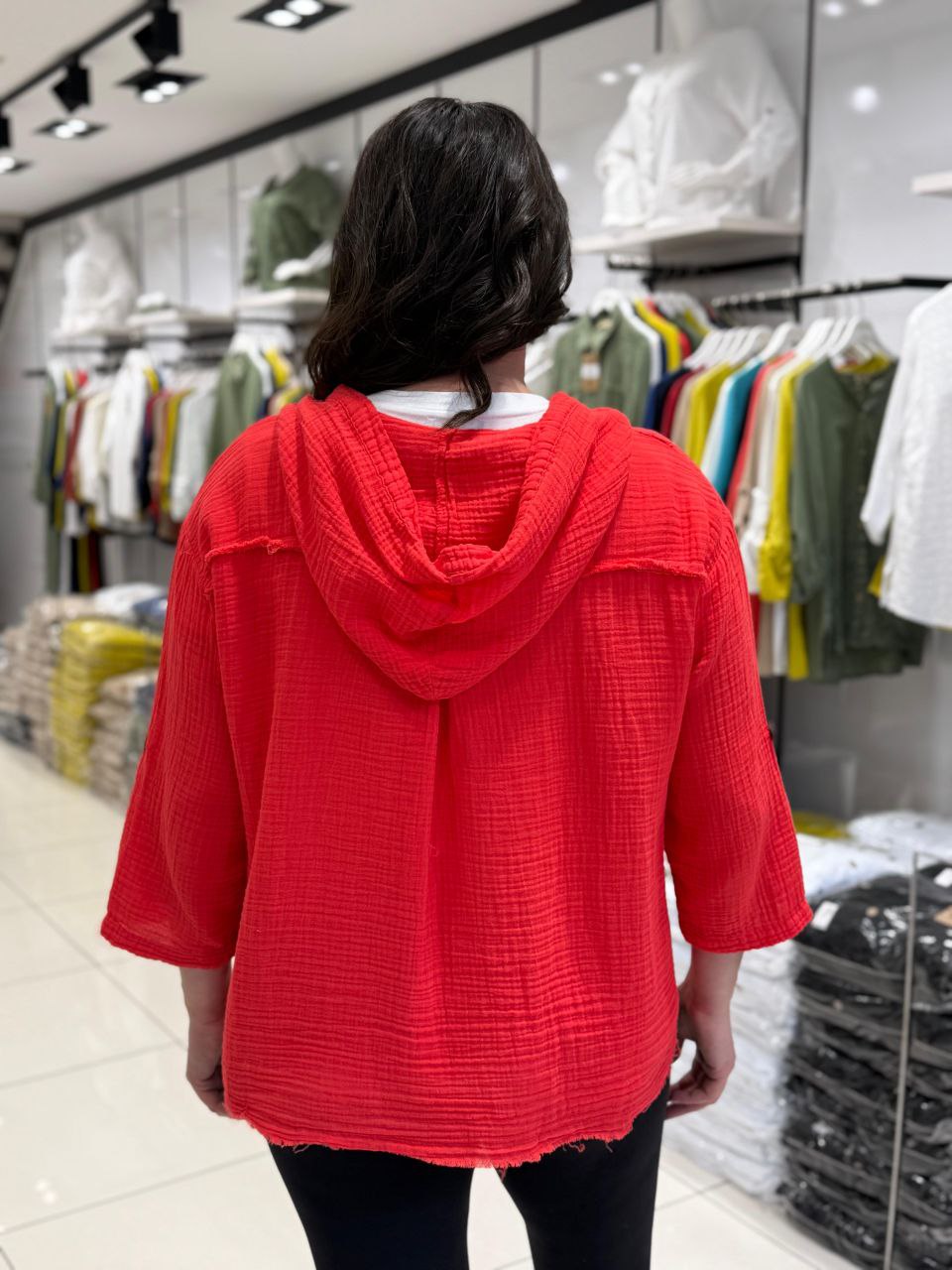 Chemise Gaze de Coton à Capuche Grande Taille – Manches 3/4 | Ourlet Brut