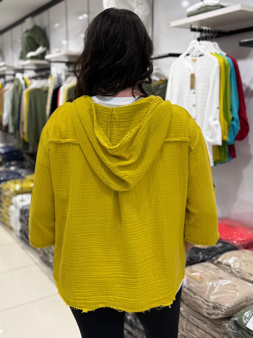 Chemise Gaze de Coton à Capuche Grande Taille – Manches 3/4 | Ourlet Brut