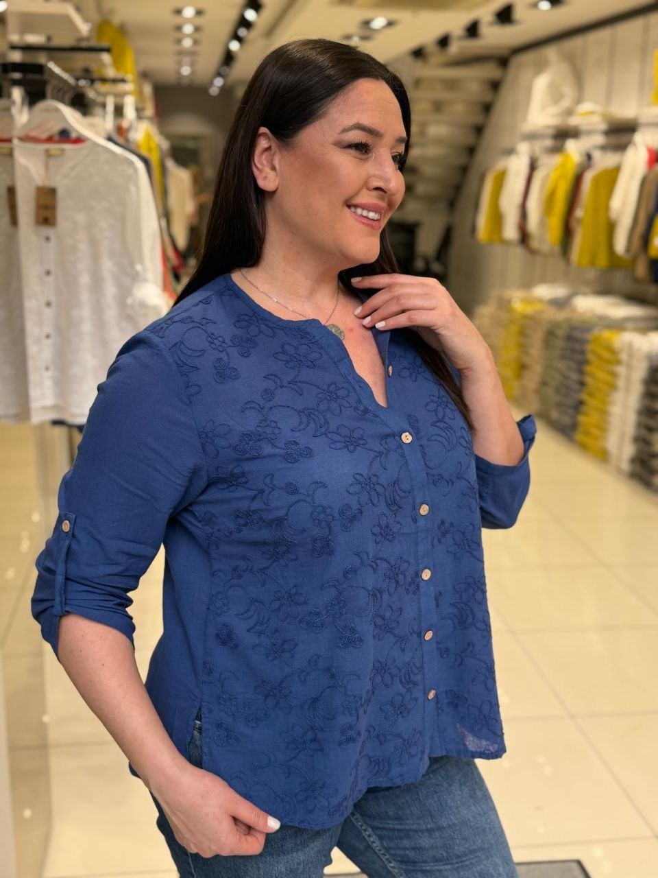 Chemise Gaze de Coton Brodée Paillettes Grande Taille – Manches 3/4 | Coupe Oversize